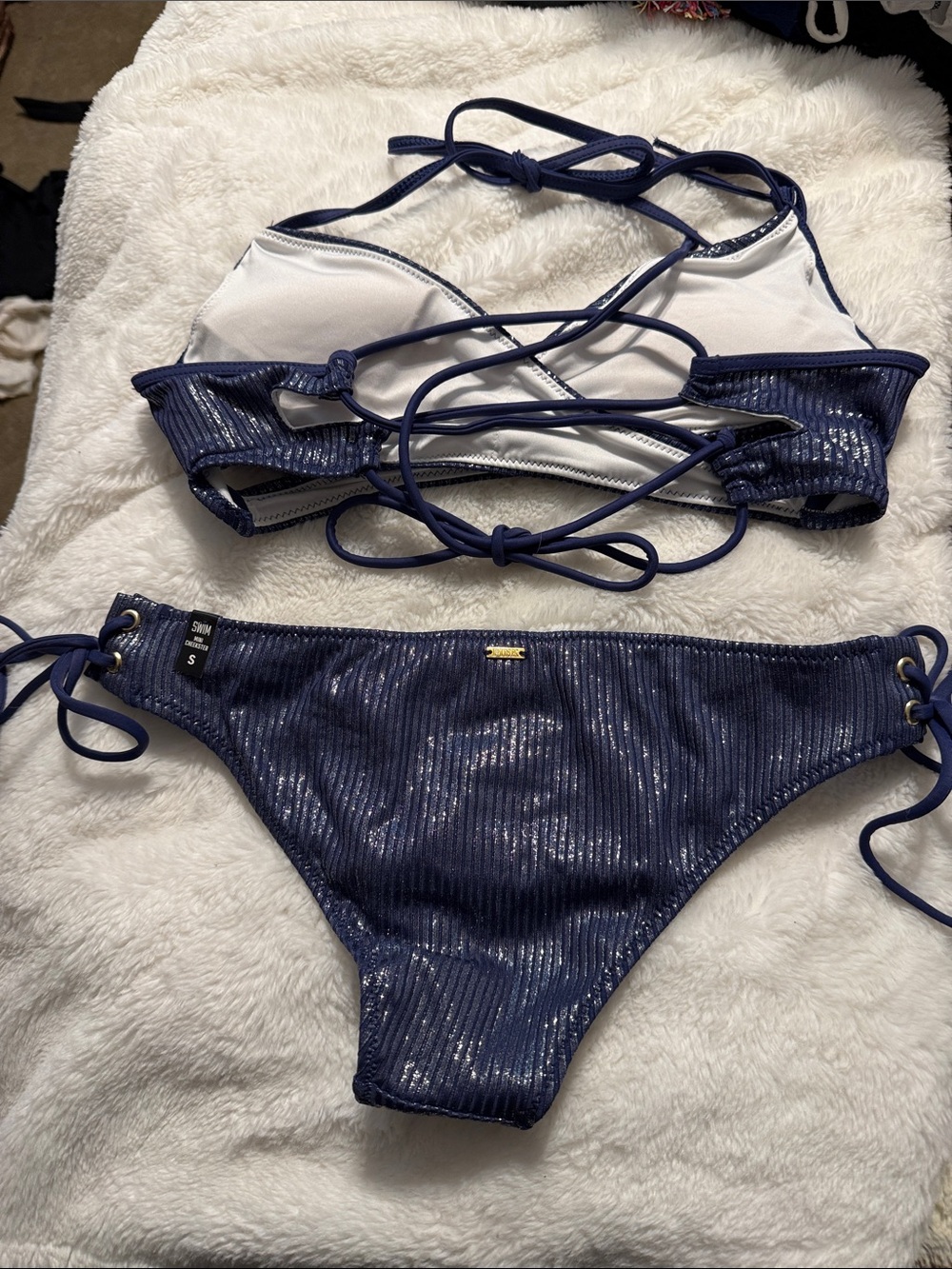 PINK Victoria's Secret Shimmery Navy Ribbed Bikini - Picture 6 of 7